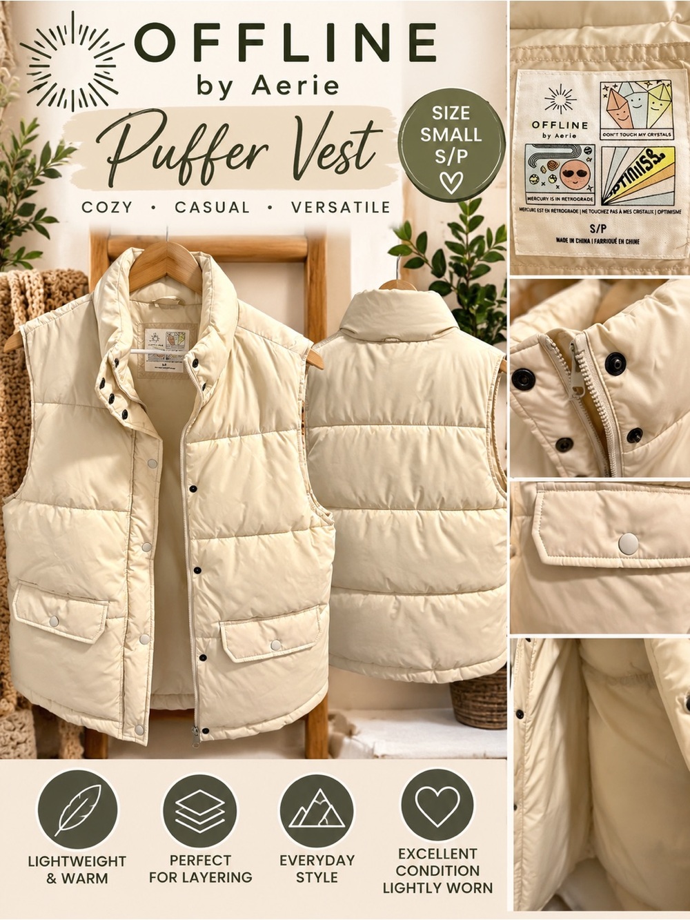 OFFLINE by Aerie Cream Puffer Vest Size Small S Ivory Quilted Winter